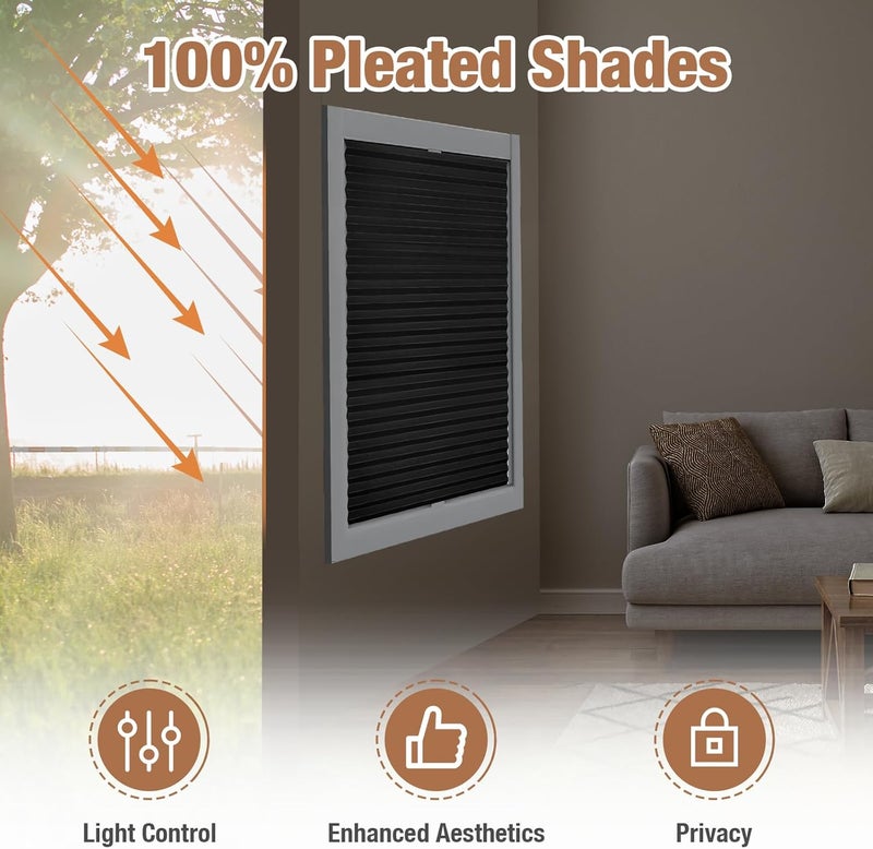Zipcase 6 Pack Window Blackout Shades, 100% Shading Cordless Light Filtering Pleated Paper Shades, 36 in x 72 in(Fits Windows 19”- 36”), Black - Image 2